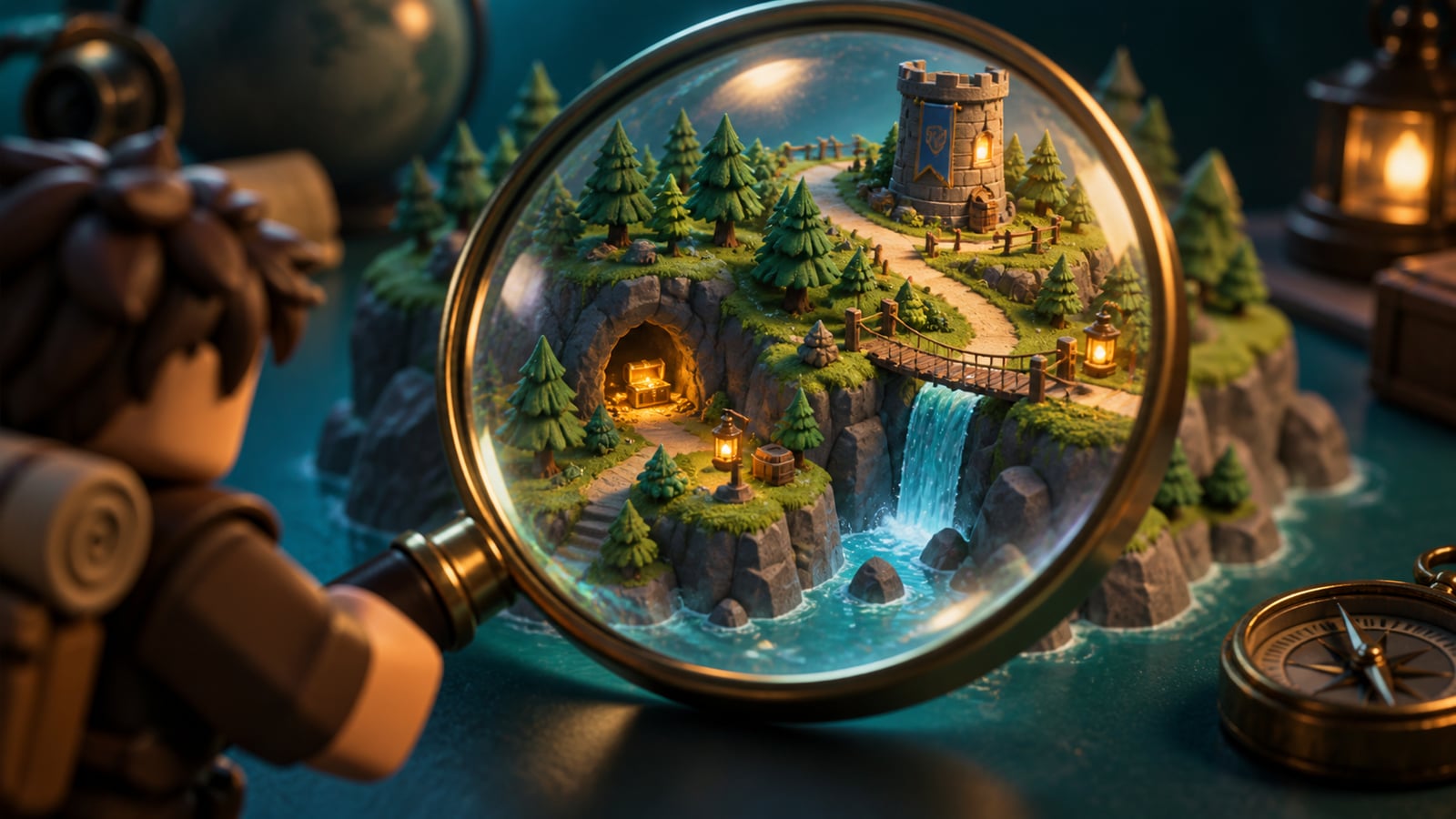 A magnifying glass over a miniature world illustrating analysis of a Roblox game