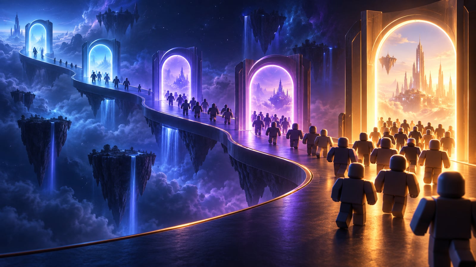 Players and a sequence of illuminated gates illustrating CCU history