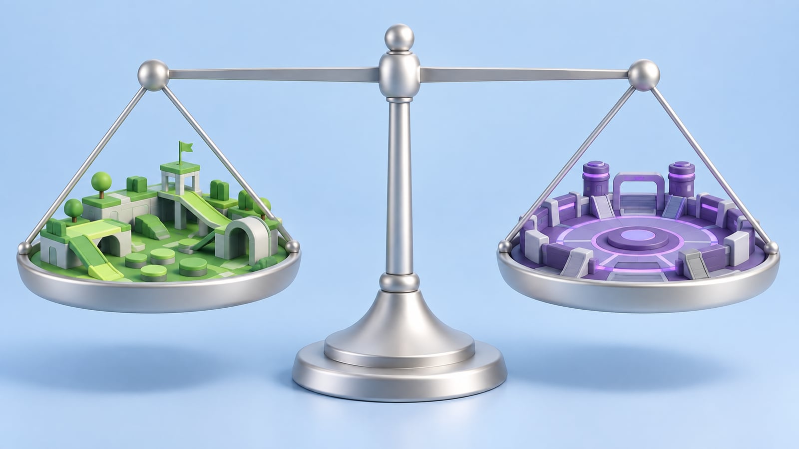 Scales holding game worlds illustrating fair game comparison