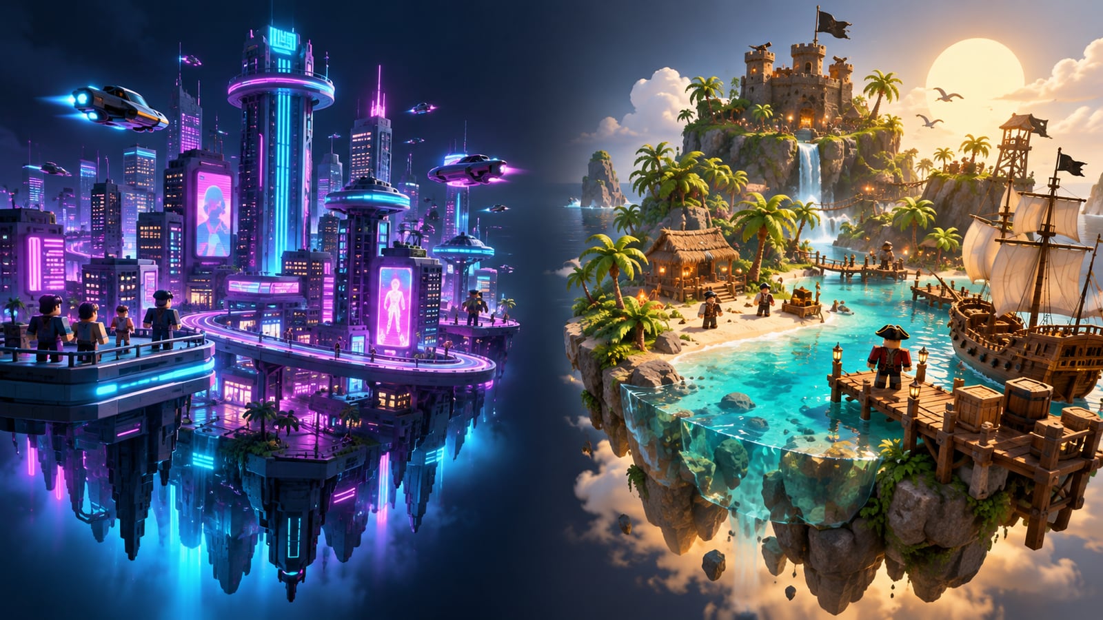 Two different game worlds side by side illustrating Roblox game comparison