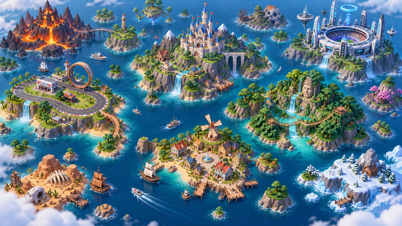 An archipelago of different game worlds illustrating the Roblox market