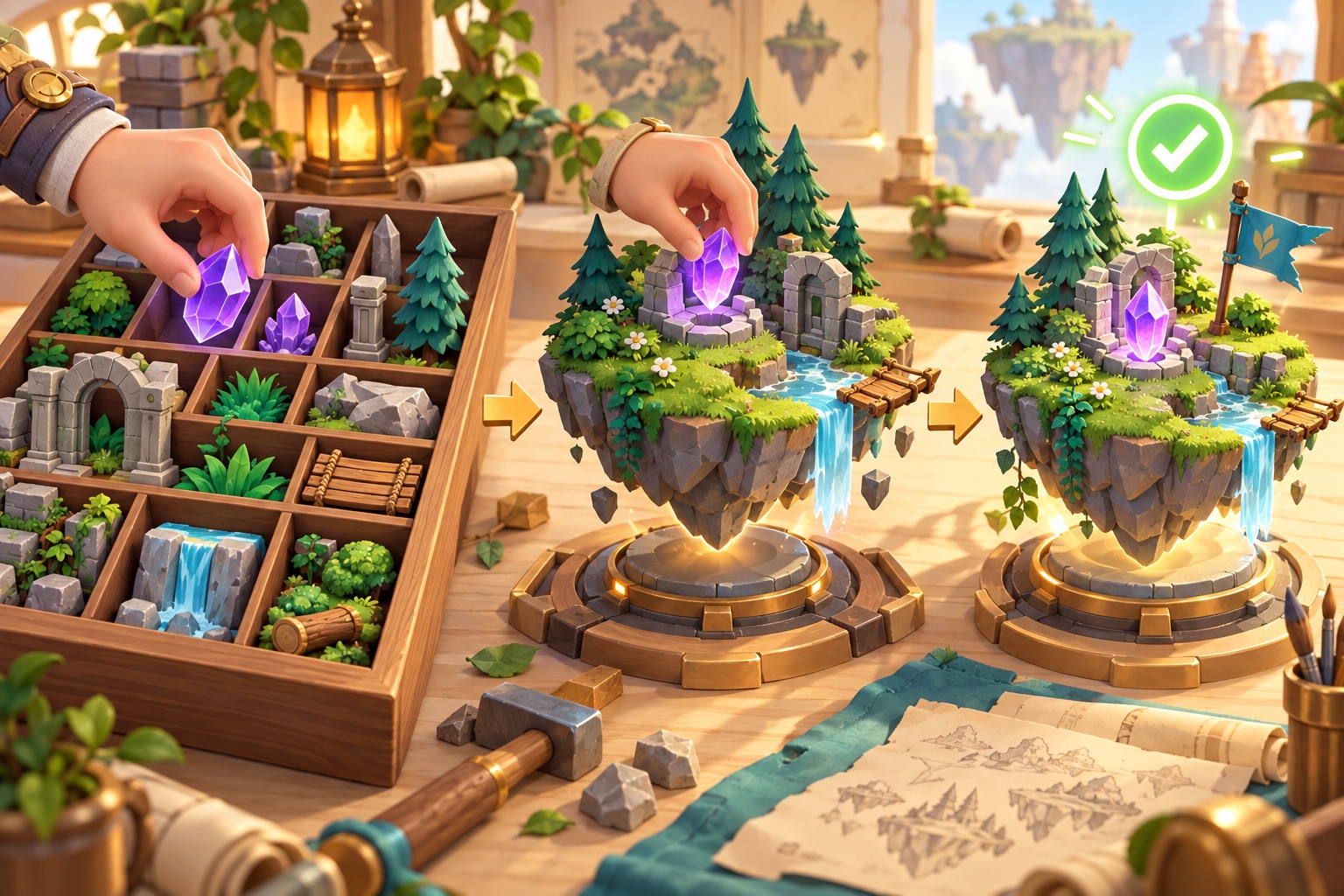 Selecting an asset, assembling a scene and checking the result