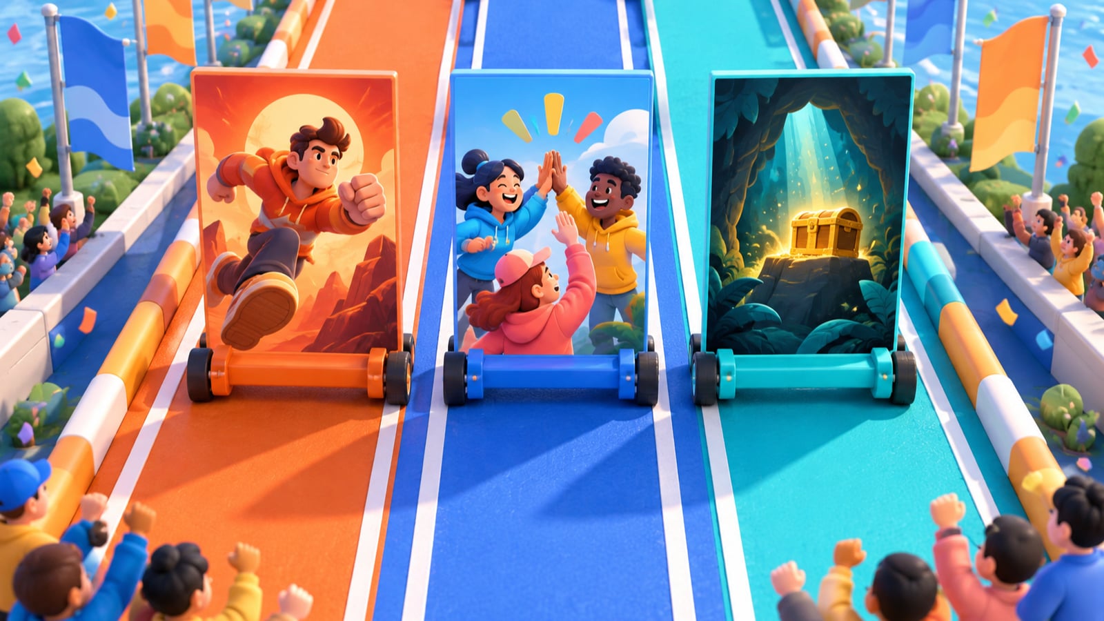 Three distinct advertising concepts lined up equally on parallel creative testing lanes.