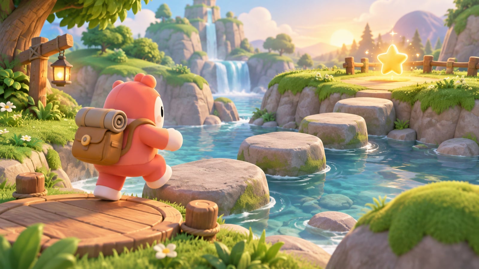 A friendly game character follows stepping stones from spawn toward a nearby glowing reward.