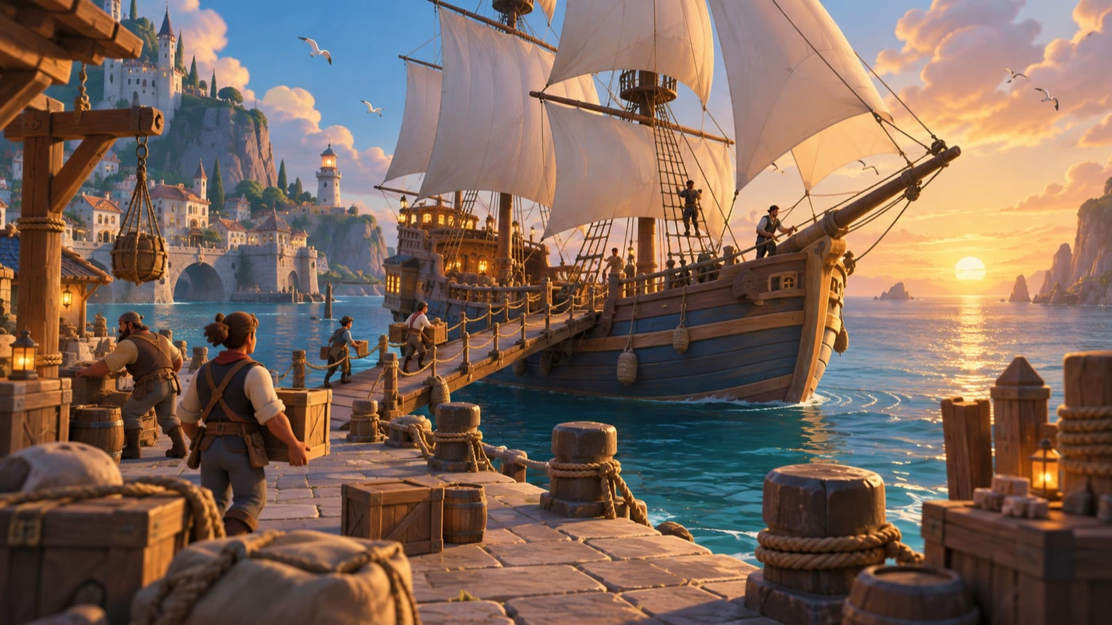 A crew prepares a game-world ship and loads supplies before departing at dawn.