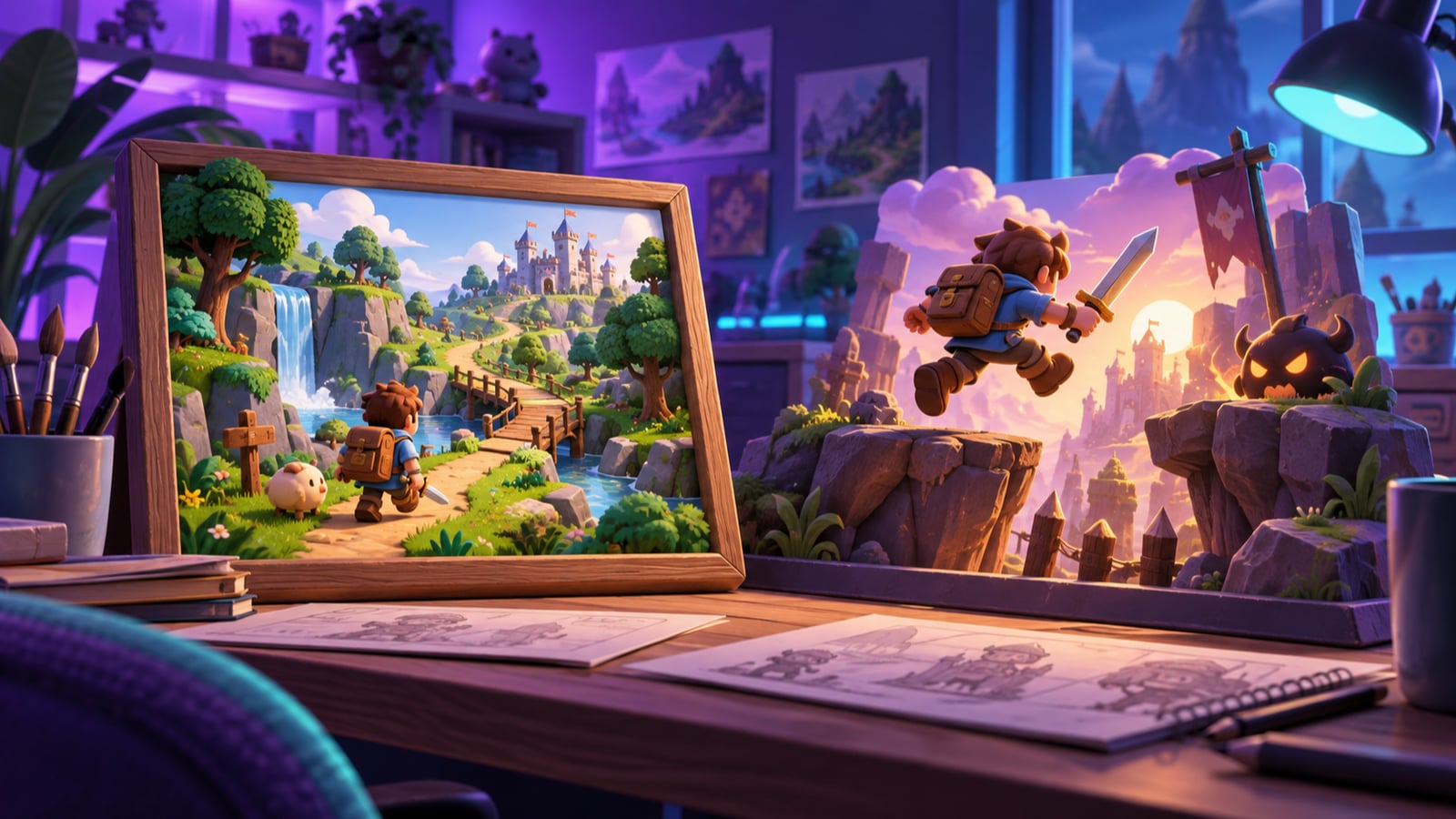 An artist’s workbench comparing an adventure game world with a staged hero action scene.